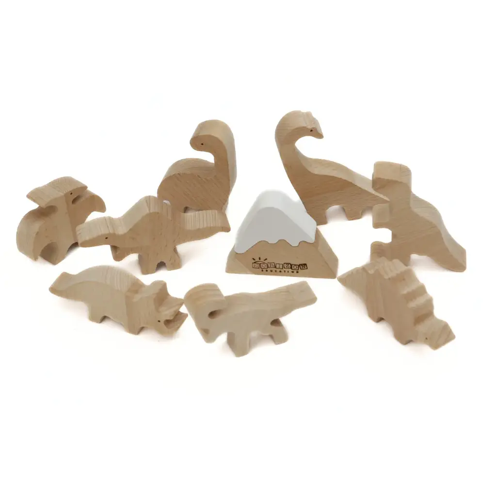 Dinosaur Wooden Toy Set – 10-Piece Montessori-Inspired Natural Beech Dinosaurs with Carry Bag – Safe, Handheld Figures for Toddlers & Kids Ages 3+